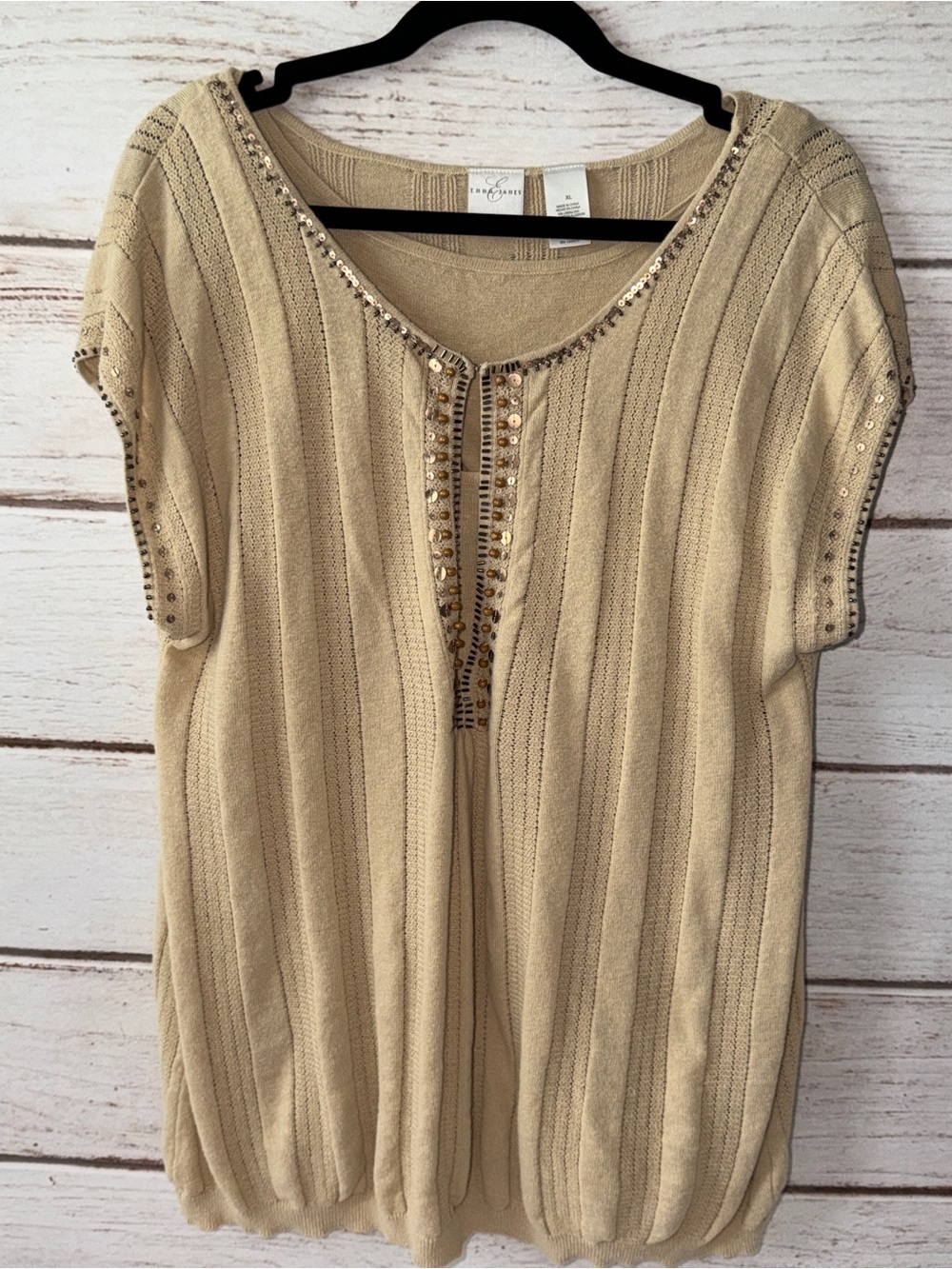 Emma James XL Embellished Double Layer Knit Top Beige Linen Cotton Beaded Sequin